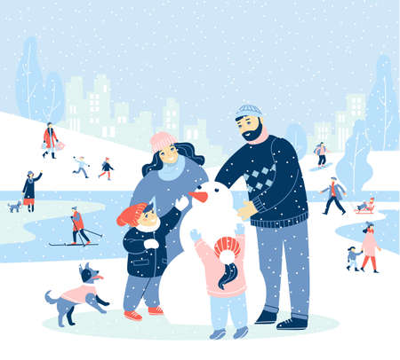 Family with children making snowman in snow city park. Outdoor activity for xmas season.のイラスト素材