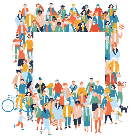 Group of different people in community standing together and holding empty placardのイラスト素材