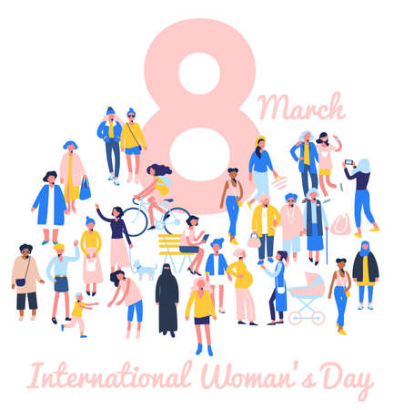 Crowd of female characters of diverse ethnicity and age.のイラスト素材