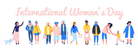 Group of female different characters of diverse ethnicity and age standing together.のイラスト素材