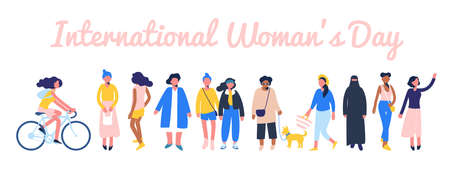Group of female different characters of diverse ethnicity and age standing together.のイラスト素材