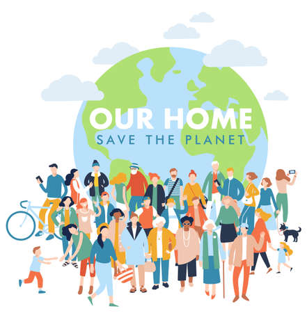 Crowd of different people in community standing together in front of the world. Day of the Earth. Environment protection and ecology.のイラスト素材