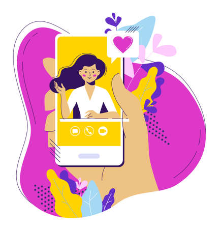 Person holding mobile phone with woman on screen. Online dating, virtual relationships, video call.のイラスト素材