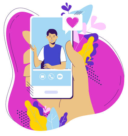 Person holding mobile phone with man on screen. Online dating, virtual relationships, video call.のイラスト素材