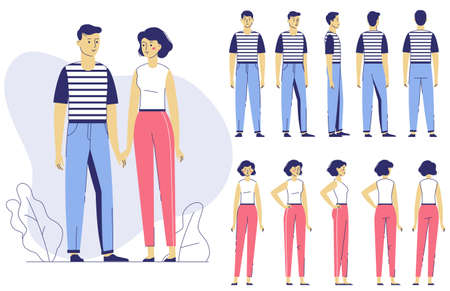 Front, side, back view of young man and woman. Flat vector illustration in line art style isolated on white background.のイラスト素材