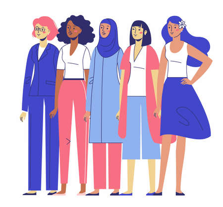 Happy young girls friends. Flat illustration isolated on white background.のイラスト素材
