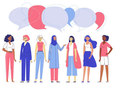 Happy young girls friends and speech bubbles. Flat illustration isolated on white background.のイラスト素材