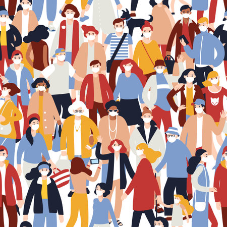 Group of different people with protective medical face masks in community isolated on endless backgroundのイラスト素材