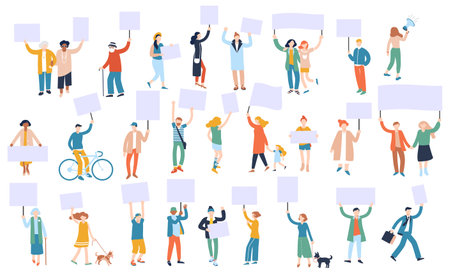 Demonstration, political protest, meeting concept. Male and female activists, protesters on the street.のイラスト素材
