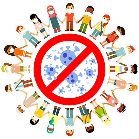 Crowd of people in protective medical masks standing around coronavirus sign. Health care, pneumonia and prevention.のイラスト素材
