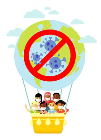 Crowd of people in protective medical masks on the planet Earth balloon with coronavirus sign. Health care, pneumonia and prevention.のイラスト素材