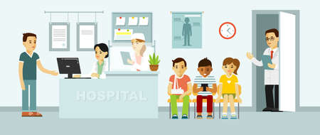 Young doctor man and medical staff women in reception hospital. Consultation and medical diagnosis for illness people. vector illustrationのイラスト素材
