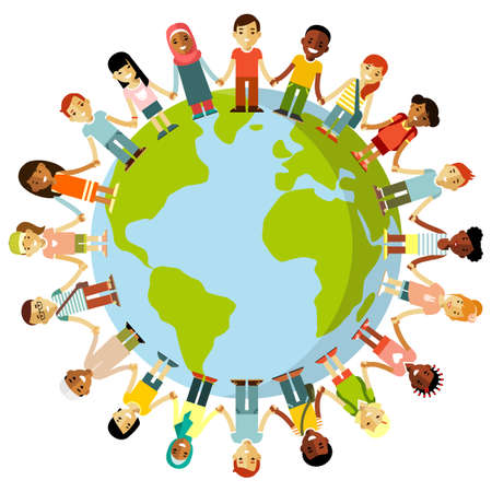 Different international multicultural children standing together and holding hands around the worldのイラスト素材