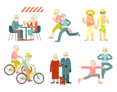 Old people in different poses, gestures, actions and situations. Healthy and active lifestyle for the elderly.のイラスト素材