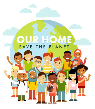 Different international multicultural children standing together in front of the worldのイラスト素材