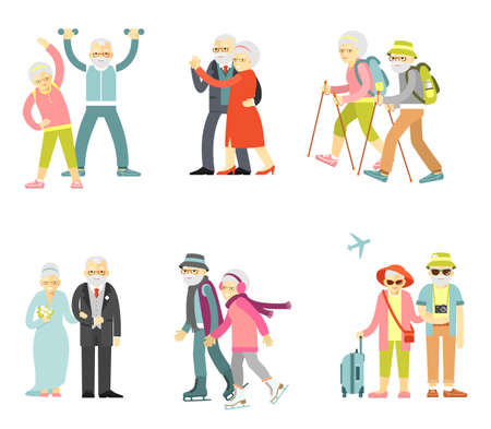 Old people in different poses, gestures, actions and situations. Healthy and active lifestyle for the elderly.のイラスト素材