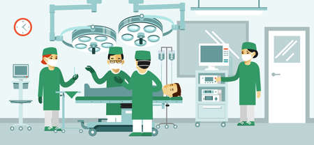 Modern hospital interior with furniture and equipment for operation. Nurses and doctors with sick man on stretcher. Vector illustration in flat style.のイラスト素材