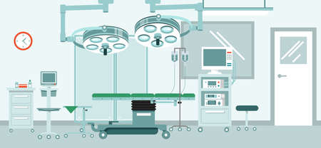 Modern hospital interior with furniture and equipment for operation. Vector illustration in flat style.のイラスト素材