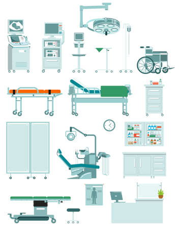 Modern furniture, equipment and tools for diagnostic, treatment and surgery. Vector illustration isolated on white background.のイラスト素材