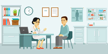 Practitioner doctor woman and young man patient in hospital medical office. Consultation and diagnosis.のイラスト素材