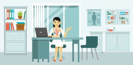 Practitioner young doctor woman in hospital medical office. Consultation and diagnosis.のイラスト素材
