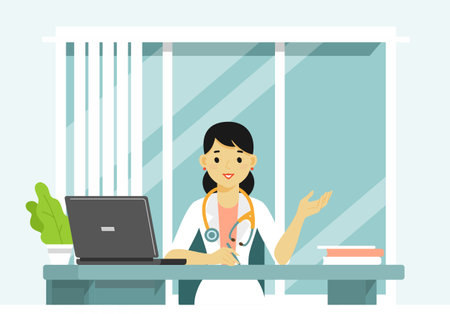 Practitioner young doctor woman in hospital medical office. Consultation and diagnosis.のイラスト素材
