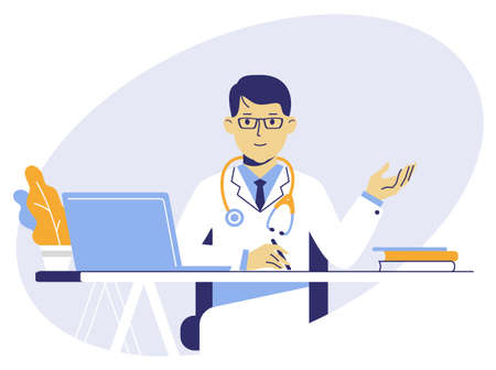 Practitioner young doctor man sits by the table in hospital medical office. Consultation and diagnosis.のイラスト素材