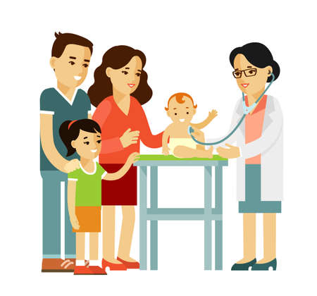 Doctor doing medical examination of baby with stethoscope. Father, mother and daughter standing together. Consultation, medical diagnosis and treatment.のイラスト素材