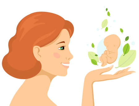 Woman holding baby embryo on the hand. Protection and care of motherhood. Awaiting for childbirth.のイラスト素材