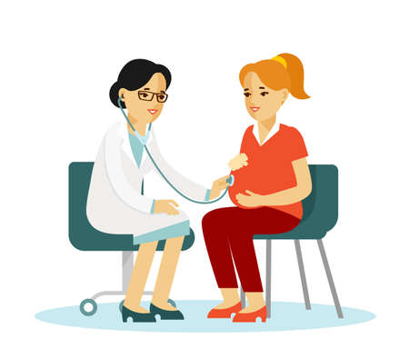 Doctor doing medical examination of pregnant with stethoscope. Consultation and diagnosis.のイラスト素材