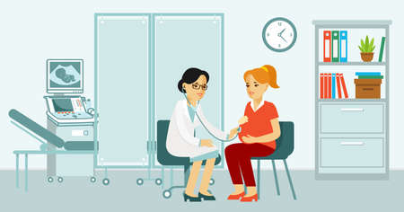 Doctor doing medical examination of pregnant with stethoscope. Consultation and diagnosis.のイラスト素材