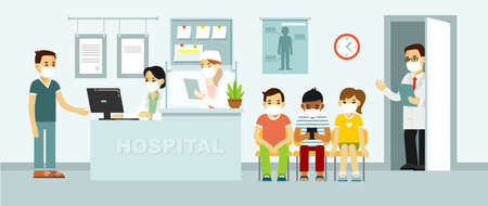 Young doctor and medical staff in hospital reception. Medicine help, vaccination and coronavirus pandemic prevention for people.のイラスト素材
