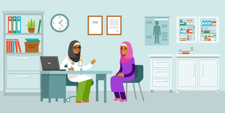 Practitioner islamic doctor and young woman patient in hospital medical office. Consultation and diagnosis.のイラスト素材