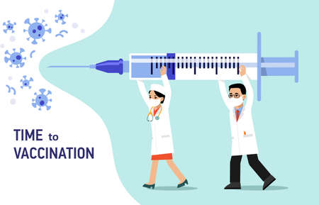 Young doctor man and woman in protective mask with syringe fights coronavirus isolated on blue background. Healthcare, coronavirus, and prevention immunize.のイラスト素材