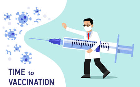 Young doctor man in protective mask with syringe fights coronavirus isolated on blue background. Healthcare, pandemic prevention and immunization.のイラスト素材