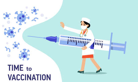 Young doctor woman in protective mask with syringe fights coronavirus isolated on blue background. Healthcare, pandemic prevention and immunization.のイラスト素材