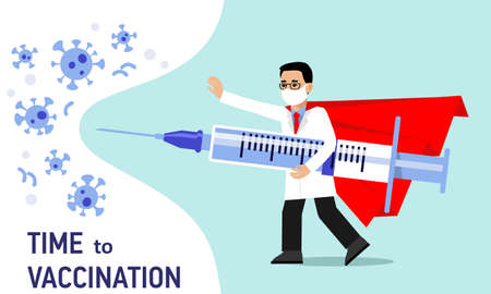 Young doctor hero man in protective mask with syringe fights coronavirus isolated on blue background. Healthcare, coronavirus, and prevention immunize.のイラスト素材
