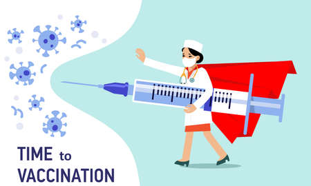 Young doctor hero woman in protective mask with syringe fights coronavirus isolated on blue background. Healthcare, coronavirus, and prevention immunize.のイラスト素材