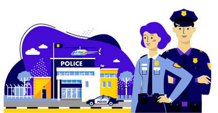 City police department and team of young officers man and woman characters.のイラスト素材
