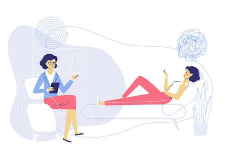 Psychologist woman and young girl patient in therapy session. Treatment of stress, addictions and mental problems.のイラスト素材