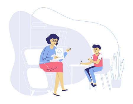 Young psychologist woman and little boy patient in therapy session. Treatment of kid stress, addictions and mental problems. family psychology.のイラスト素材