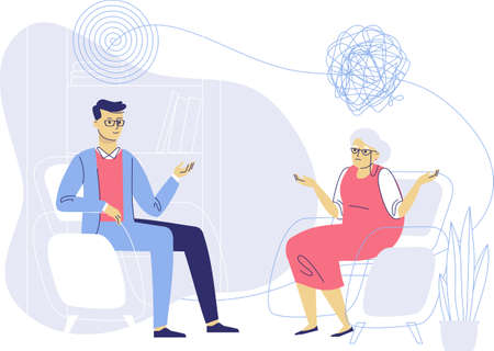 Psychologist and senior woman patient in therapy session. Treatment of dementia, alzheimer disease and mental problems.のイラスト素材