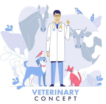 Young veterinarian man standing together with cat, dog, cow, horse, birds. Healthcare, medicine treatment, prevention and immunization of pets.のイラスト素材