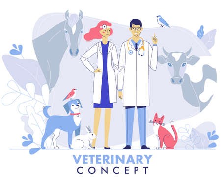 Young veterinarian man and woman standing together with cat, dog, cow, horse, birds. Healthcare, medicine treatment, prevention and immunization of pets.のイラスト素材