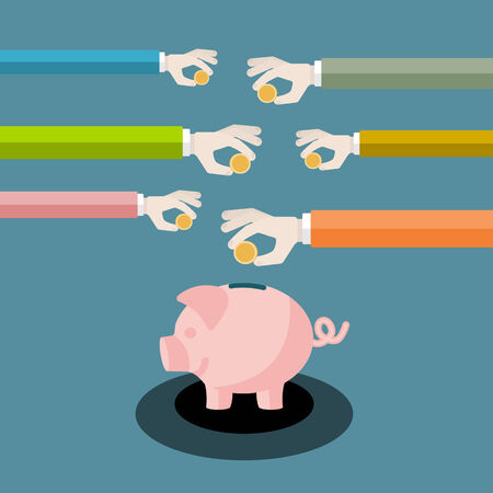 Saving money flat design vector illustration . Hands inserting coins in piggy bankのイラスト素材