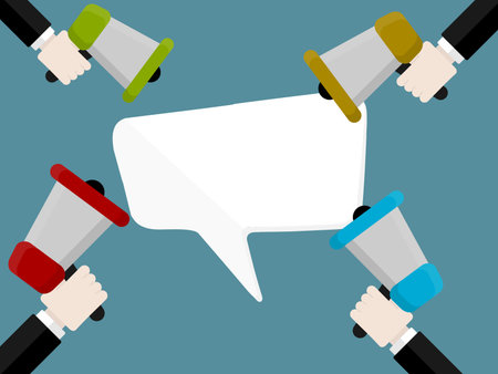 Flat design modern vector illustration concept of competition promotion with isolated hands holding bullhorn and speech bubbleのイラスト素材