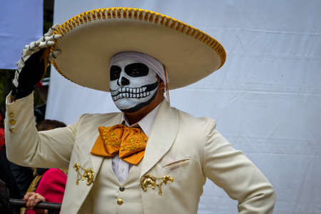 Mexico City, Mexico,; November 1 2015: Portrait of a Mexican charro mariachi in disguise at the Day of the Dead celebration in Mexico Cityのeditorial素材