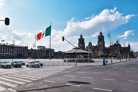 Mexico City, Mexico; April 26 2020: Zocalo square and metropolitan cathedral in the historic center of Mexico City closed during Coronavirus outbreak.のeditorial素材