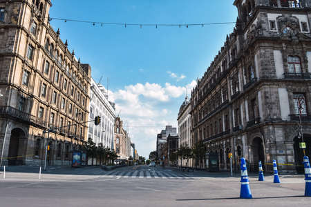 Mexico City, Mexico; April 26 2020: November 20 Avenue, one of the busiest streets in mexico historical center completely empty during Coronavirus outbreak.のeditorial素材