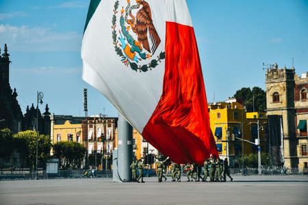 Mexico City, Mexico; April 26 2020: flag ceremony in the mexico city z?calo square, lowering of the flagのeditorial素材